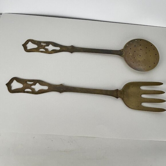 Italian Vintage Brass Hanging Fork and Strainer Spoon Cooking Utensils 16" Decor - Picture 1 of 14